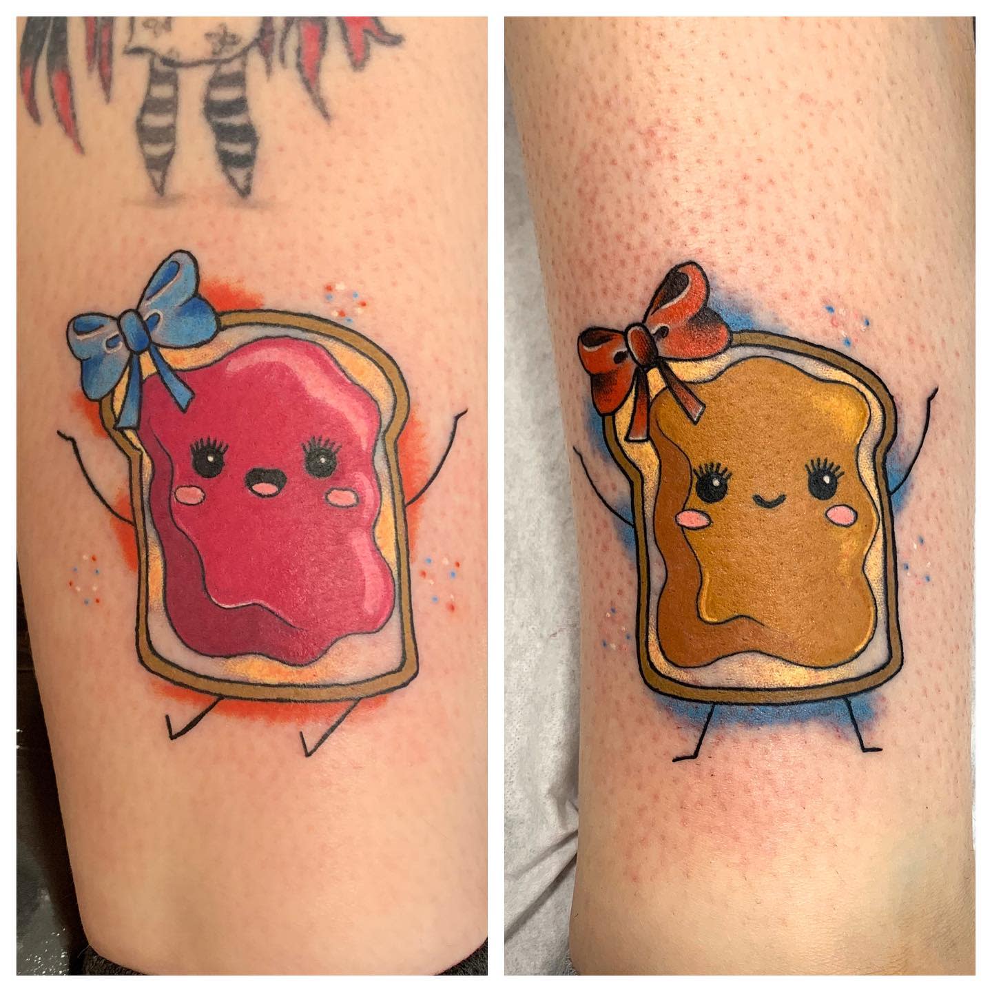 Colorful tattoos of smiling cartoon toast with jam and peanut butter, each with a bow